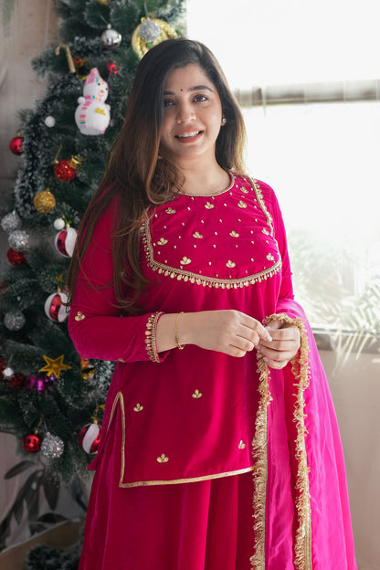 Raeth Pink Velvet Short Shirt Lehenga