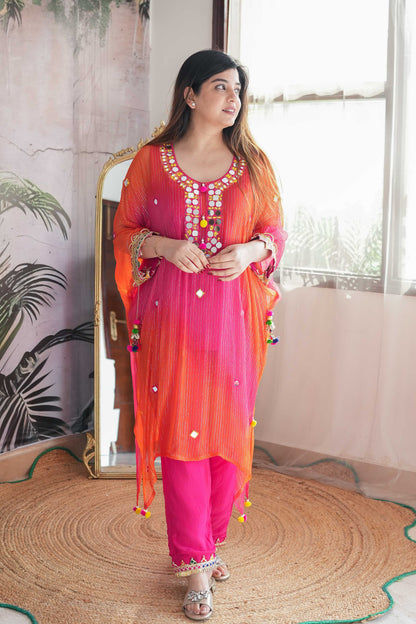 Maurya Orange Mirror Work Kaftan Set