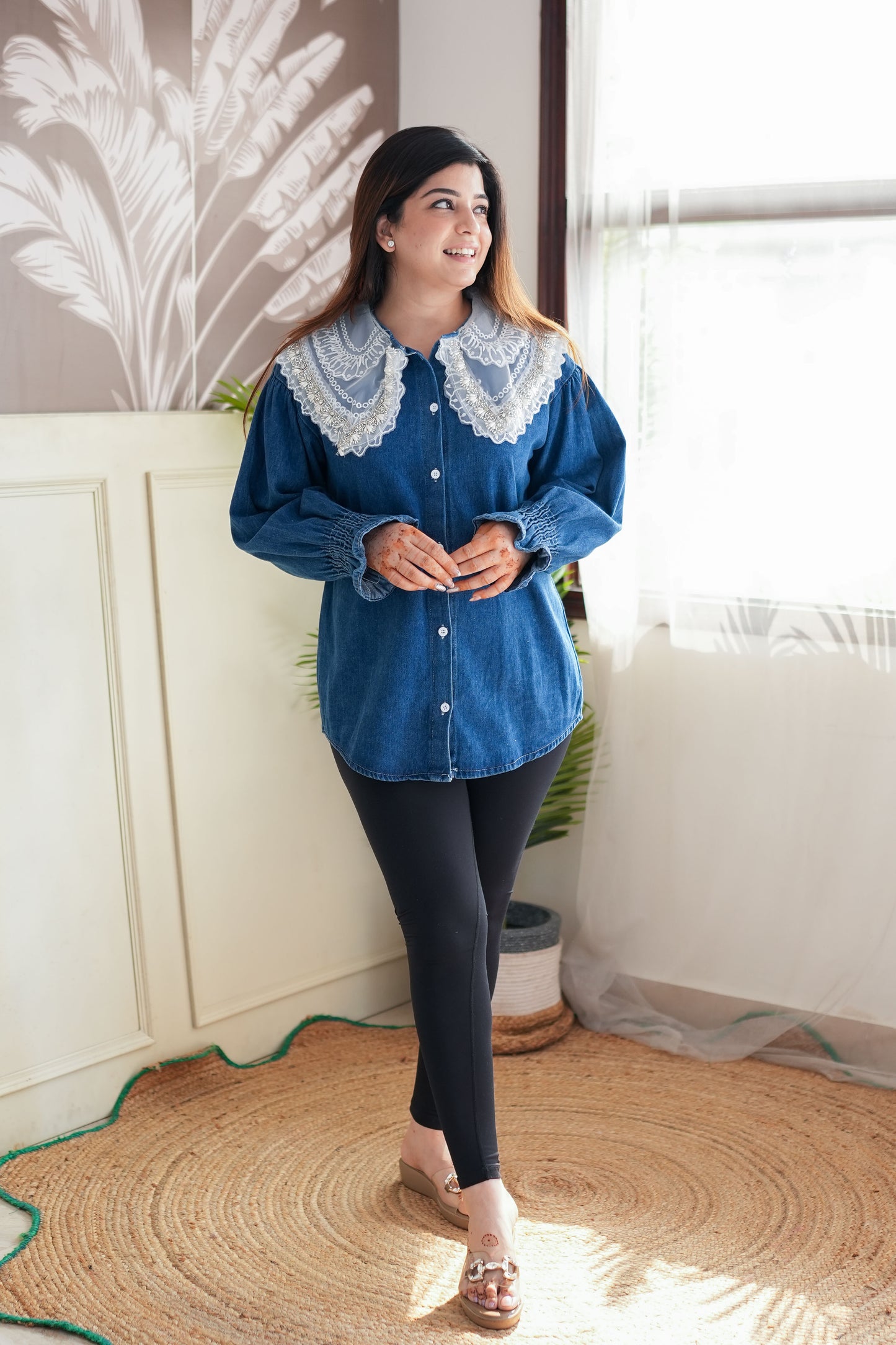 Nyla Crystal Embellished Denim Shirt