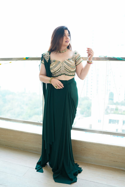 Raha Green Embroidered Drape Saree