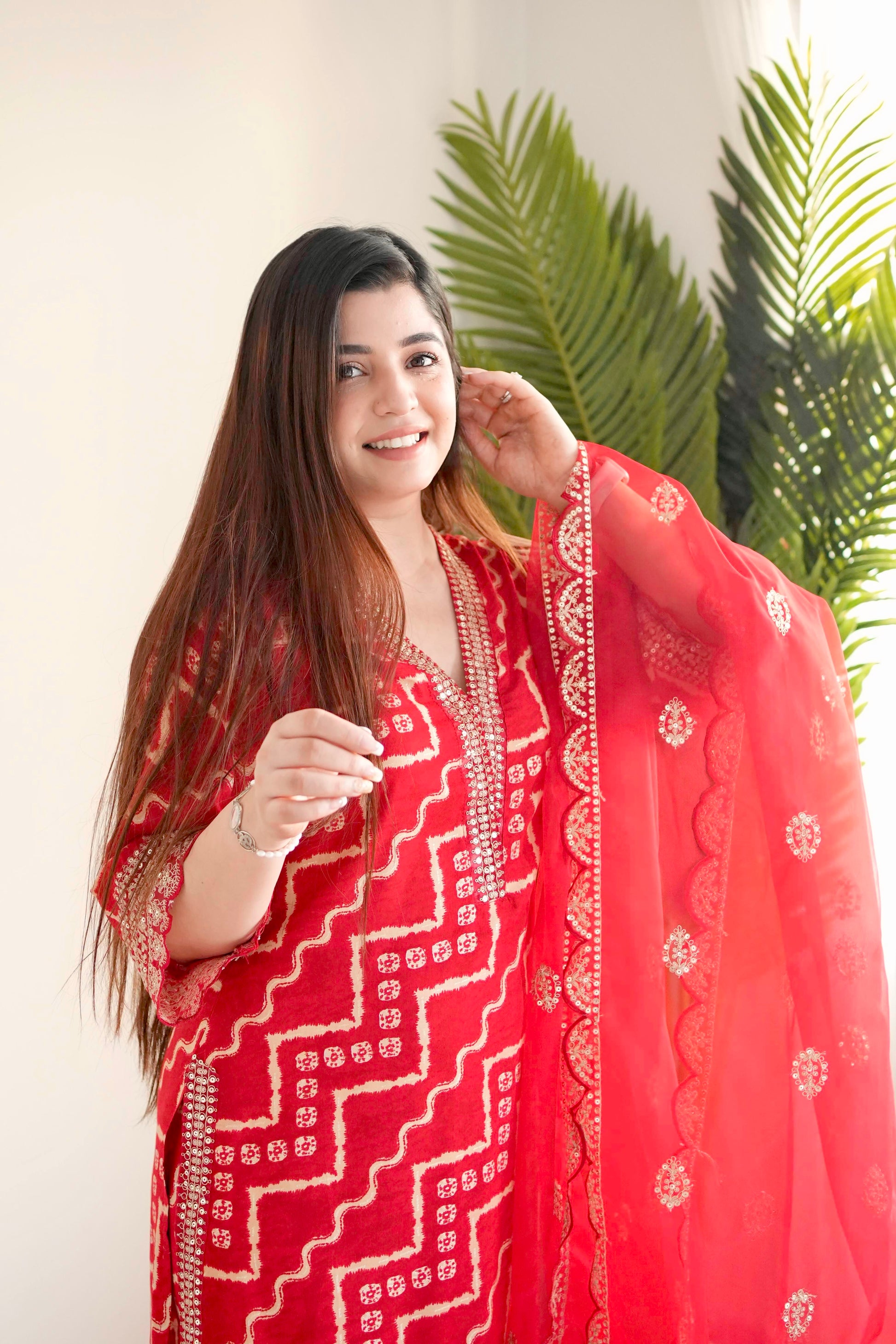 Farz Red Bandhani Print Suit Set