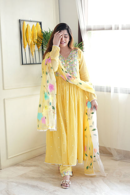 Niza Yellow Embroidered Anarkali Suit Set