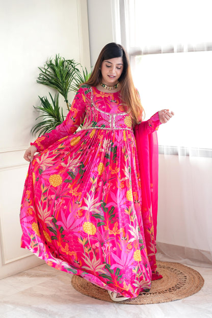 Kaaz Printed Anarkali Maxi With Dupatta