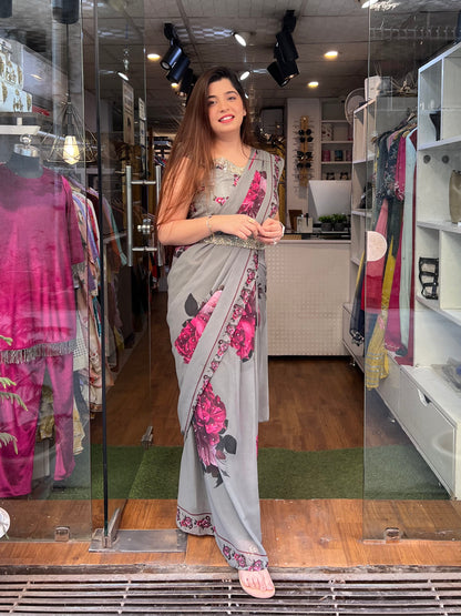 Neer Grey Printed Drape Saree