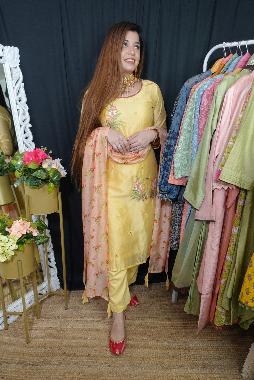 Lemon Embriodered Suit With Organza Dupatta