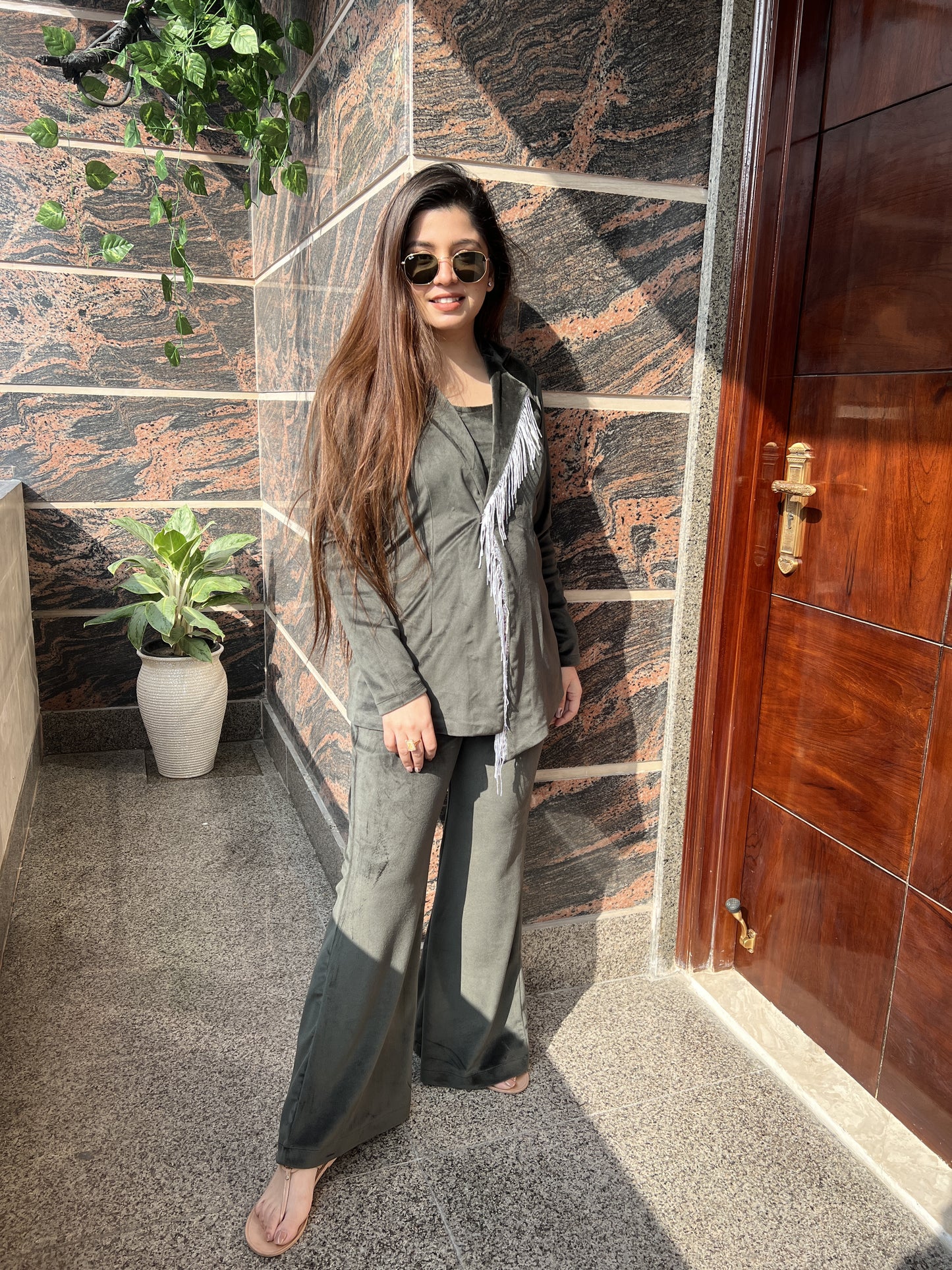 Renne Olive Velvet Three Piece Set