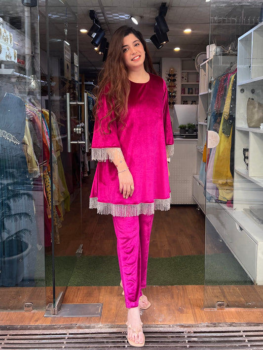 Nimrit Pink Velvet Plazo Set