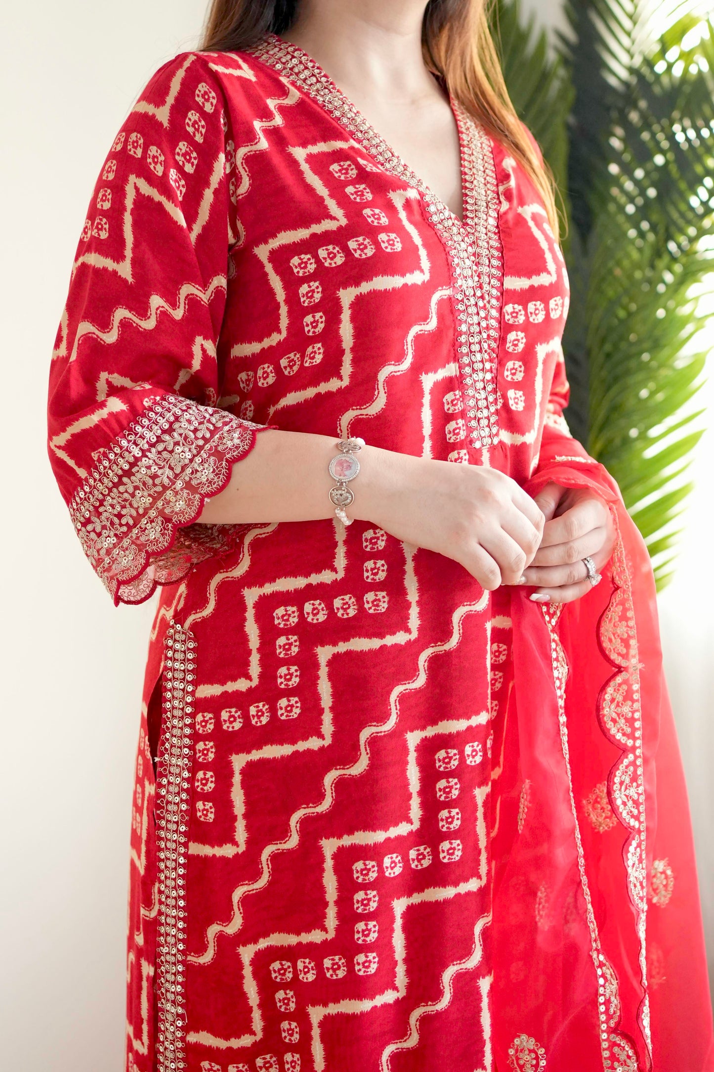 Farz Red Bandhani Print Suit Set