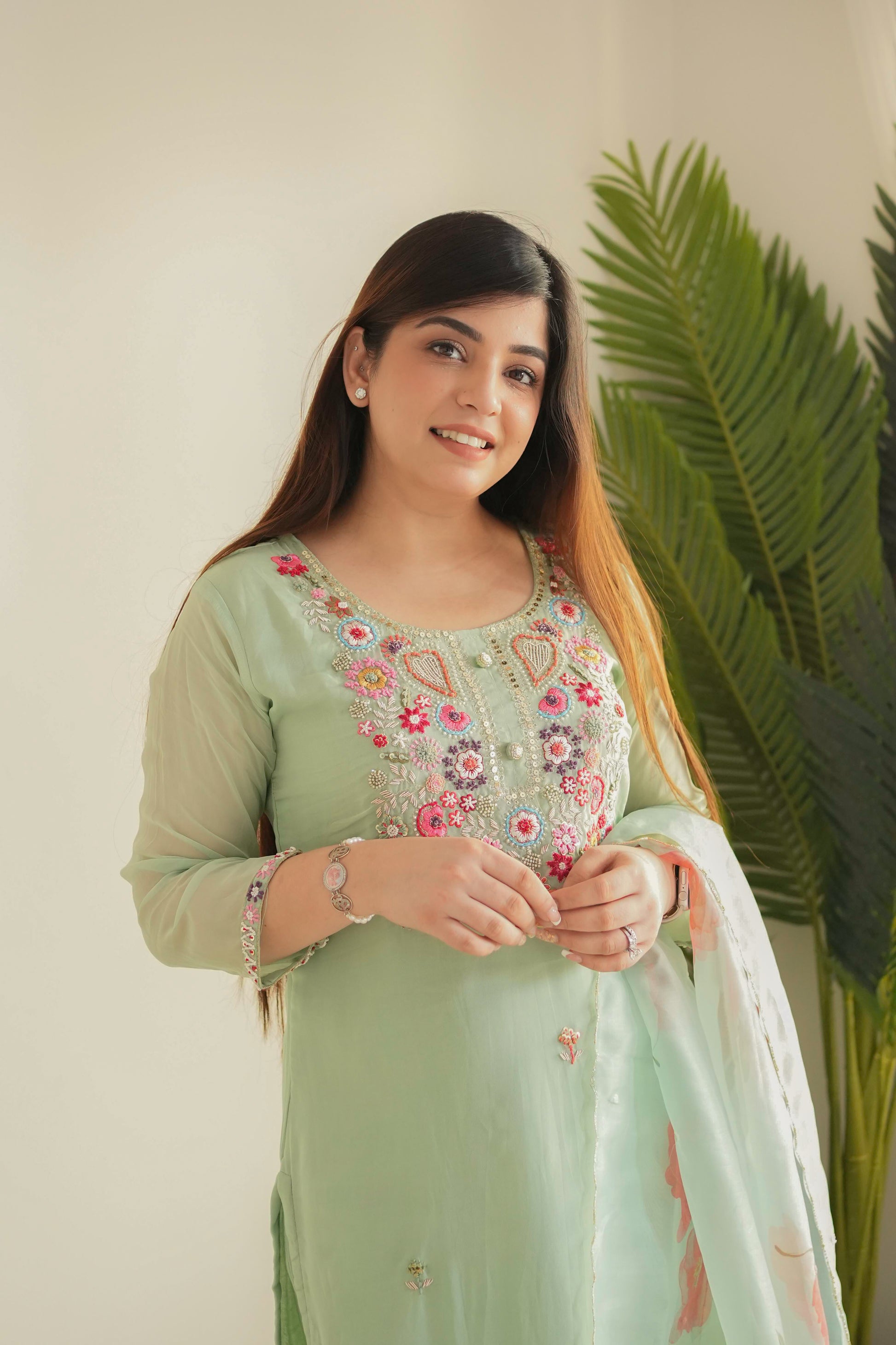 Neena Green Embroidered Suit Set