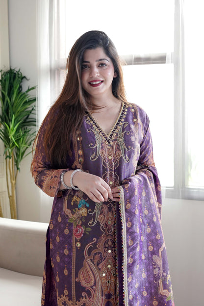 Iftar Purple Digital Print Suit Set