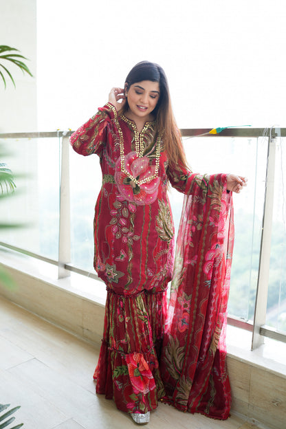 Jeha Red Floral Print Sharara Set