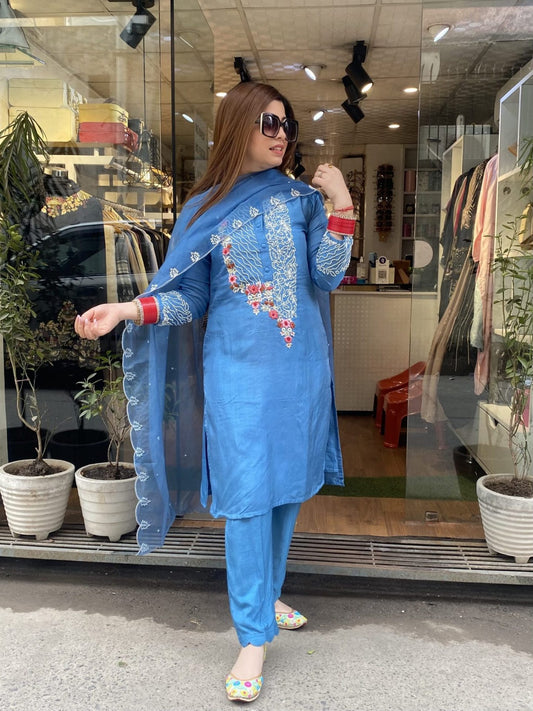 Berly Blue Embroidered Suit Set