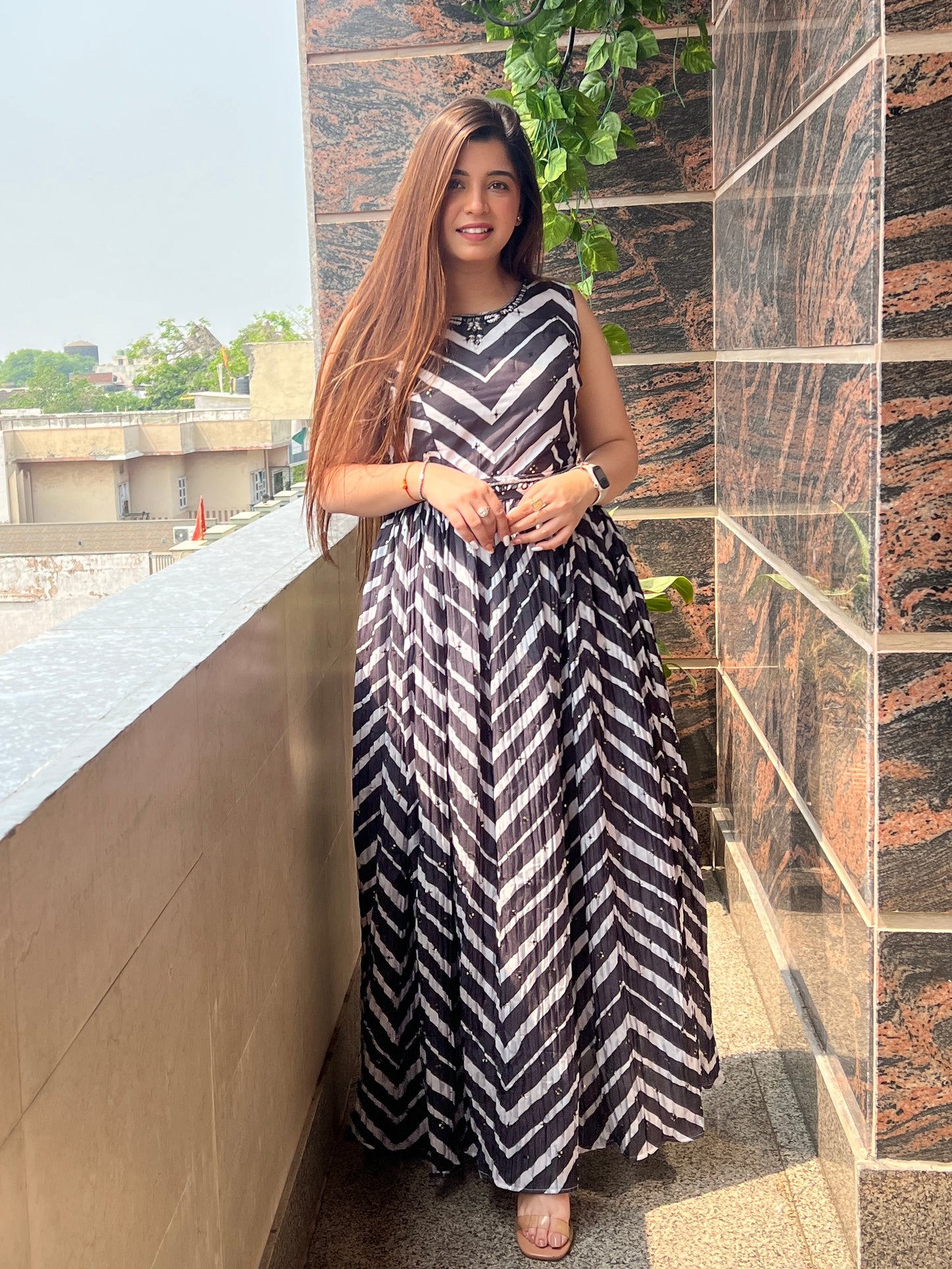 Midha Black And White Stripes Maxi With Belt