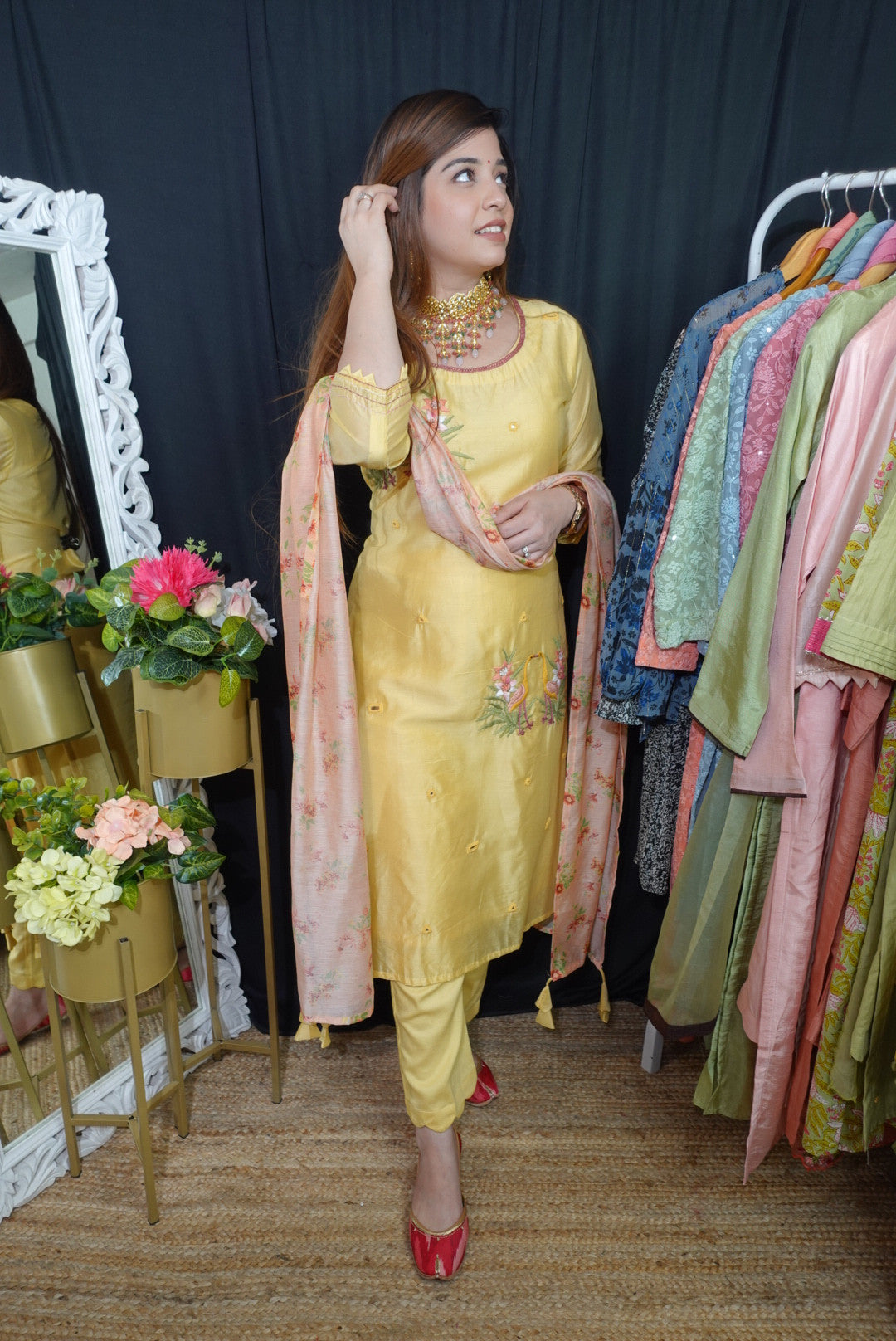 Lemon Embriodered Suit With Organza Dupatta