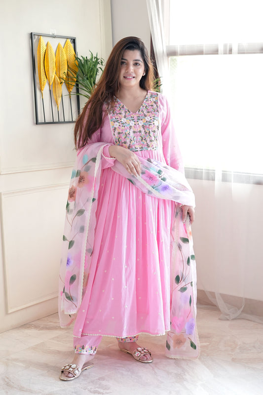 Niza Pink Embroidered Anarkali Suit Set