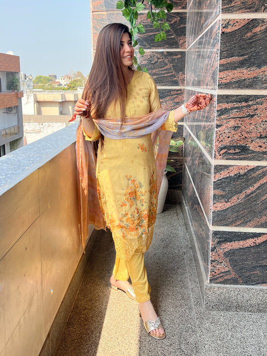 Fatima Yellow Printed Suit Set