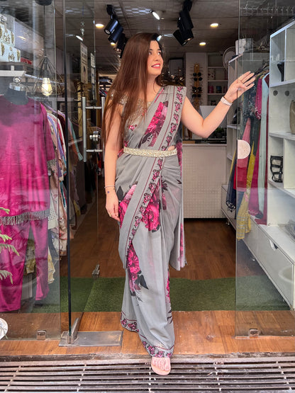 Neer Grey Printed Drape Saree