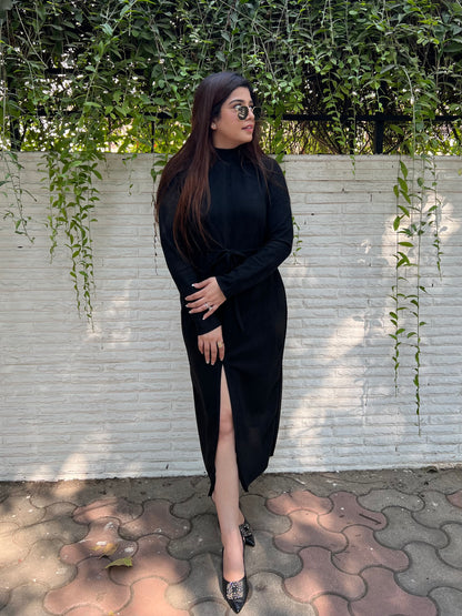 Fall Black Suede Front Slit Dress