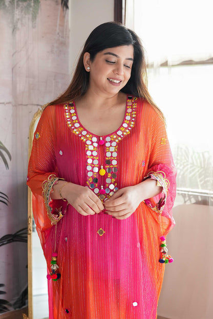 Maurya Orange Mirror Work Kaftan Set