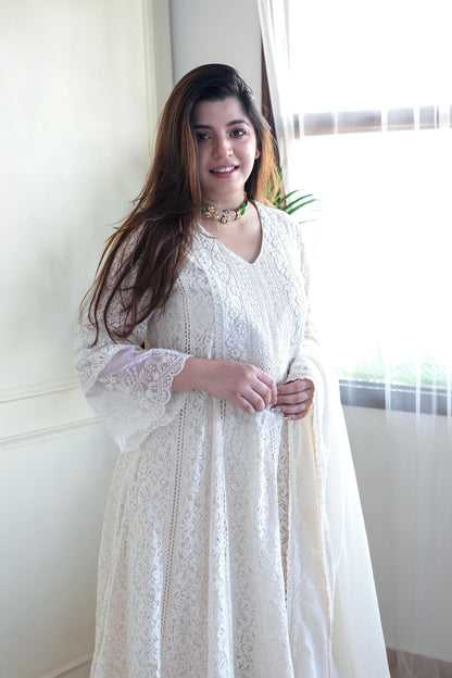 Heera White Schiffli Anarkali Suit