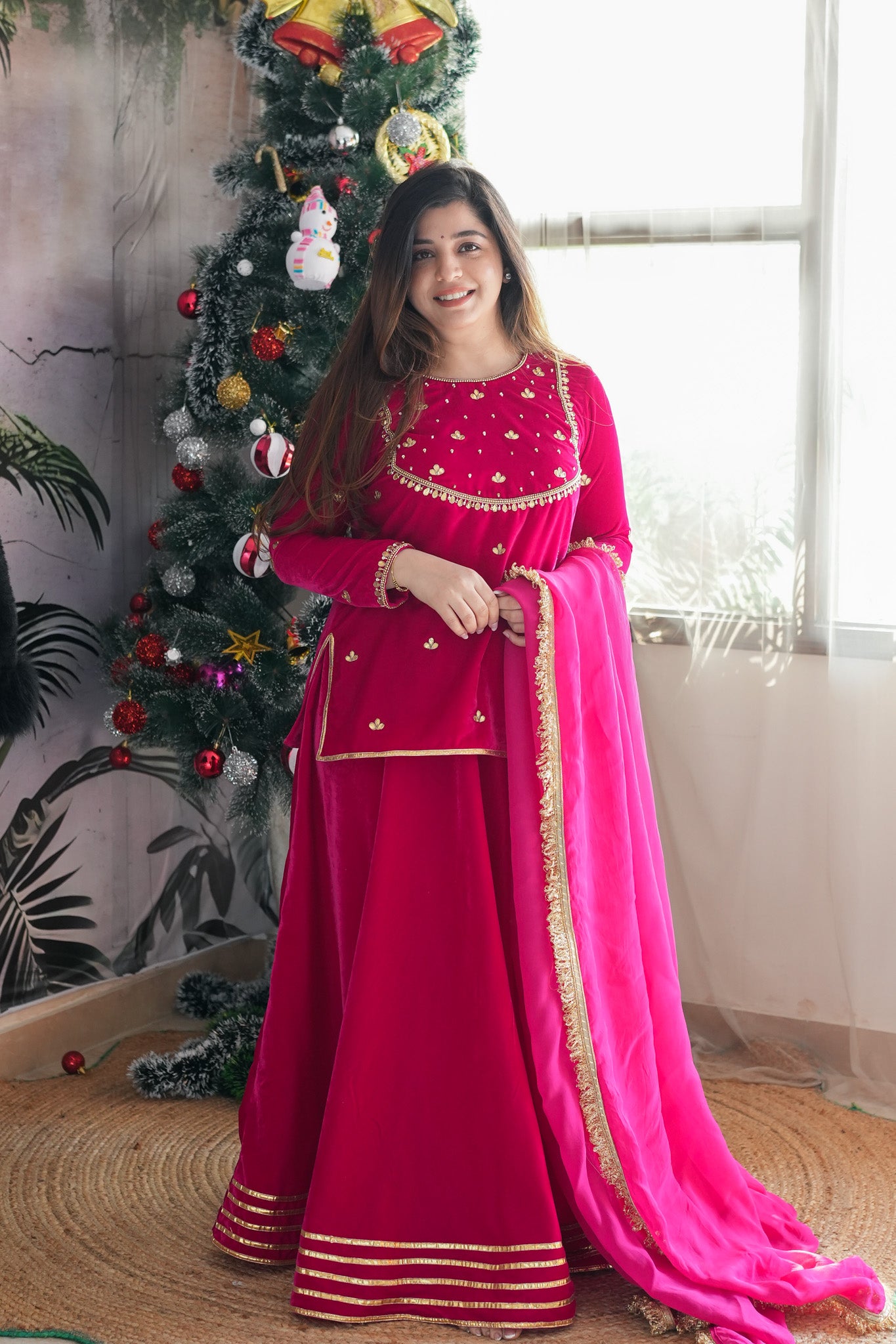 Raeth Pink Velvet Short Shirt Lehenga