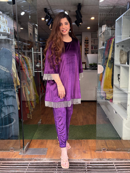 Nimrit Purple Velvet Plazo Set