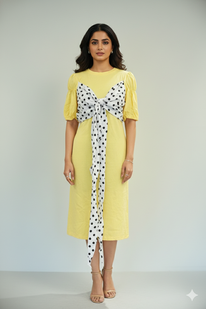 Polka Dot Front Bow Yellow Dress