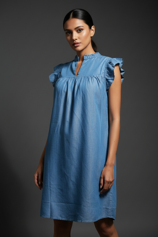 Frill Sleeves Denim Style Dress