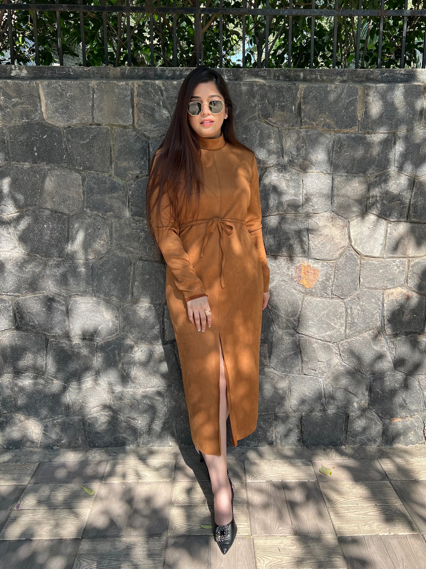 Fall Tan Front Slit Suede Dress