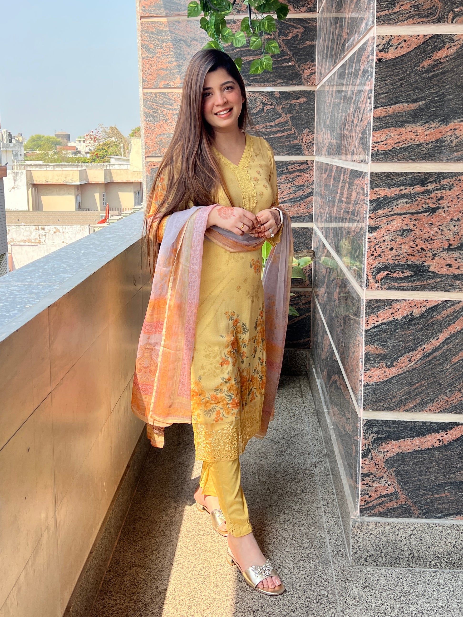 Fatima Yellow Printed Suit Set