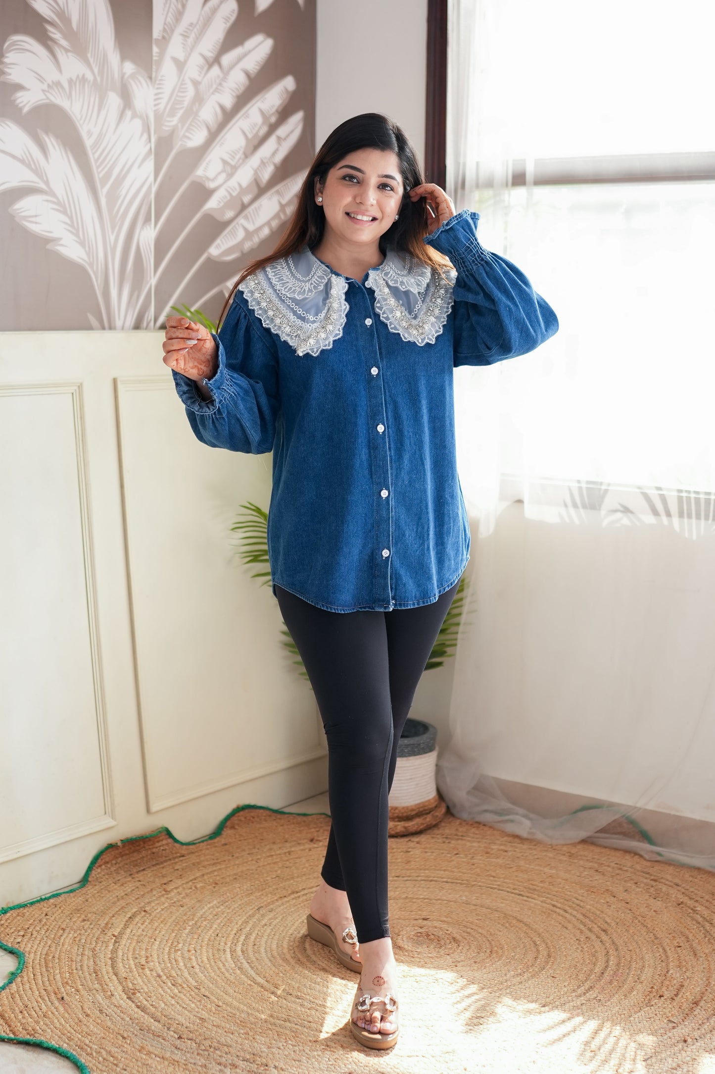 Nyla Crystal Embellished Denim Shirt