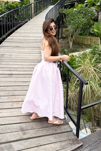 pink check midi dress Pink Gingham Corset Midi Dress