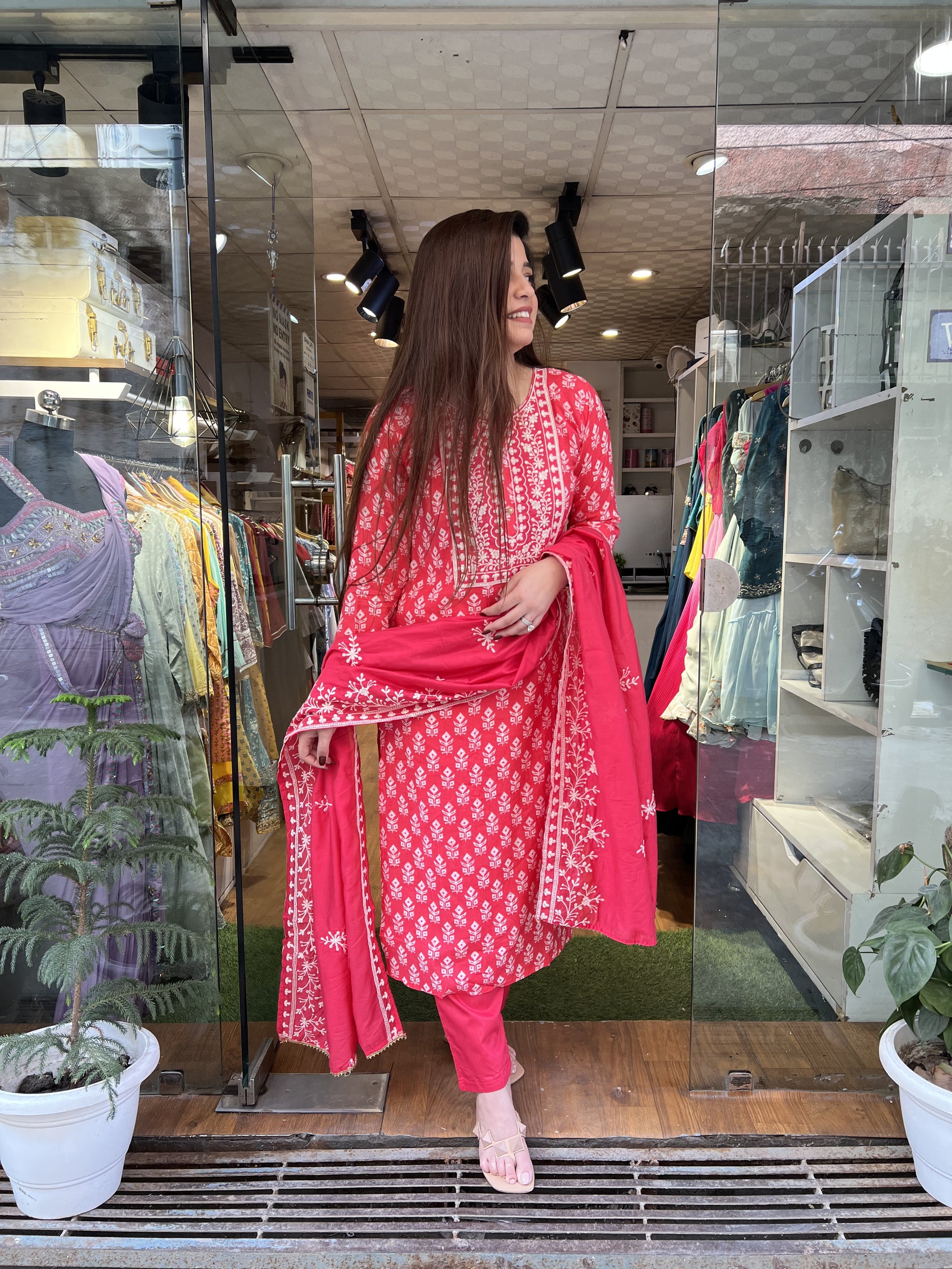 Seher Pink Suit Set With Schiffli Detailing