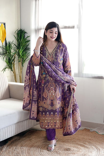 Iftar Purple Digital Print Suit Set