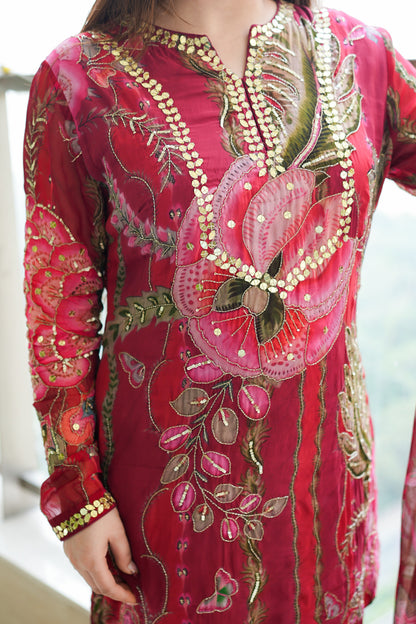 Jeha Red Floral Print Sharara Set