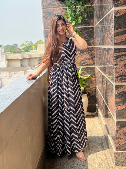 Midha Black And White Stripes Maxi With Belt