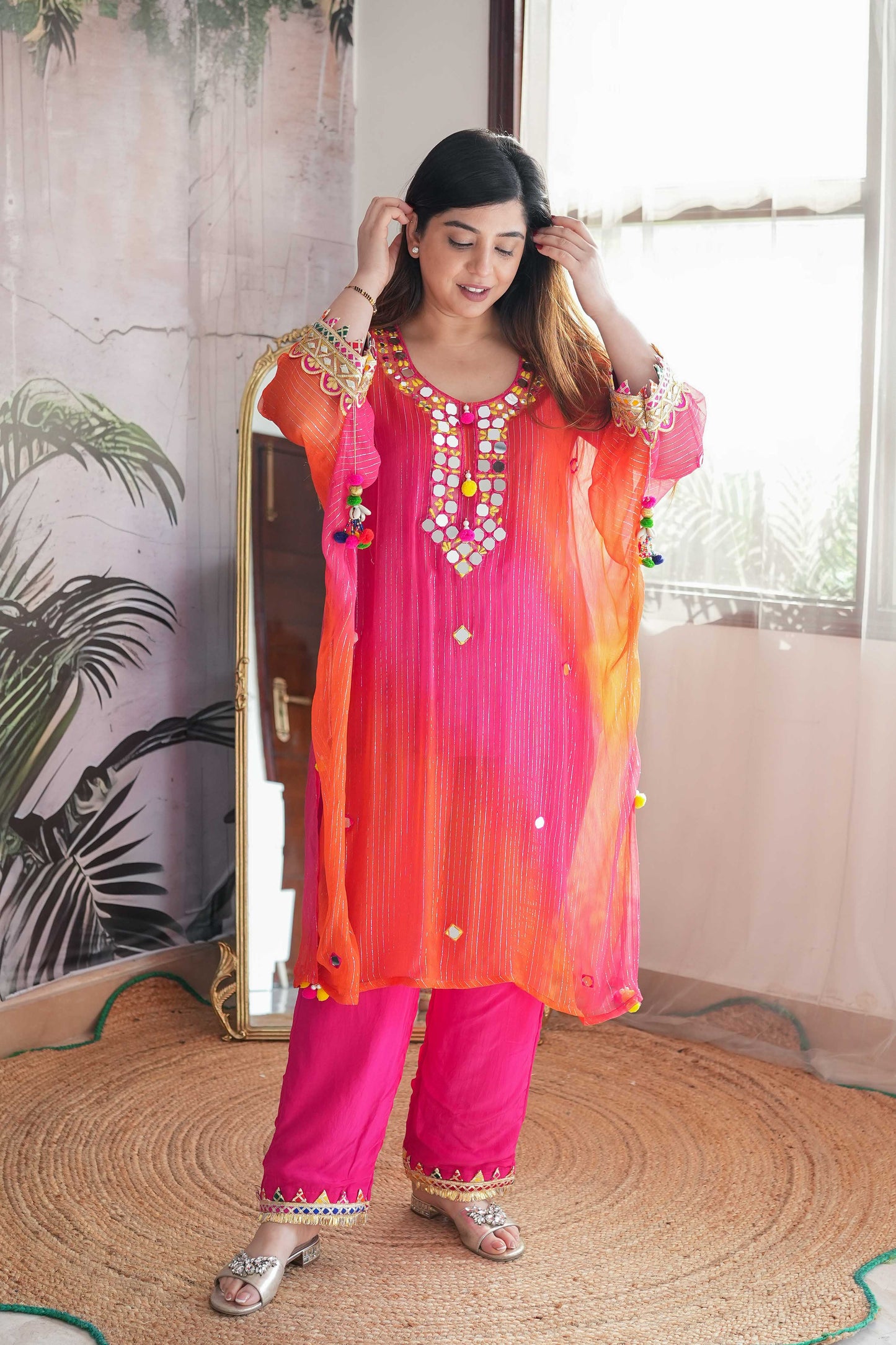 Maurya Orange Mirror Work Kaftan Set