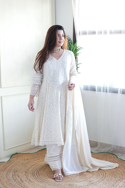 Heera White Schiffli Anarkali Suit