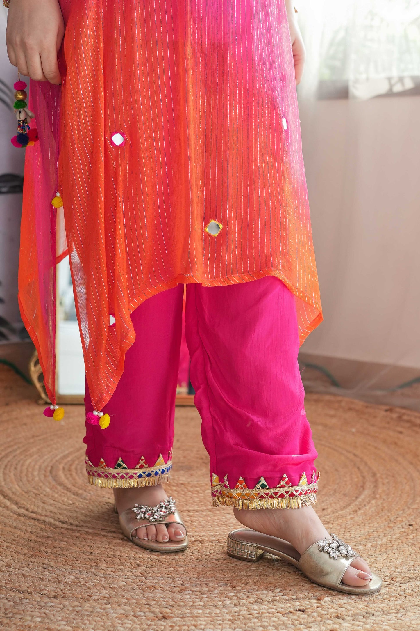 Maurya Orange Mirror Work Kaftan Set