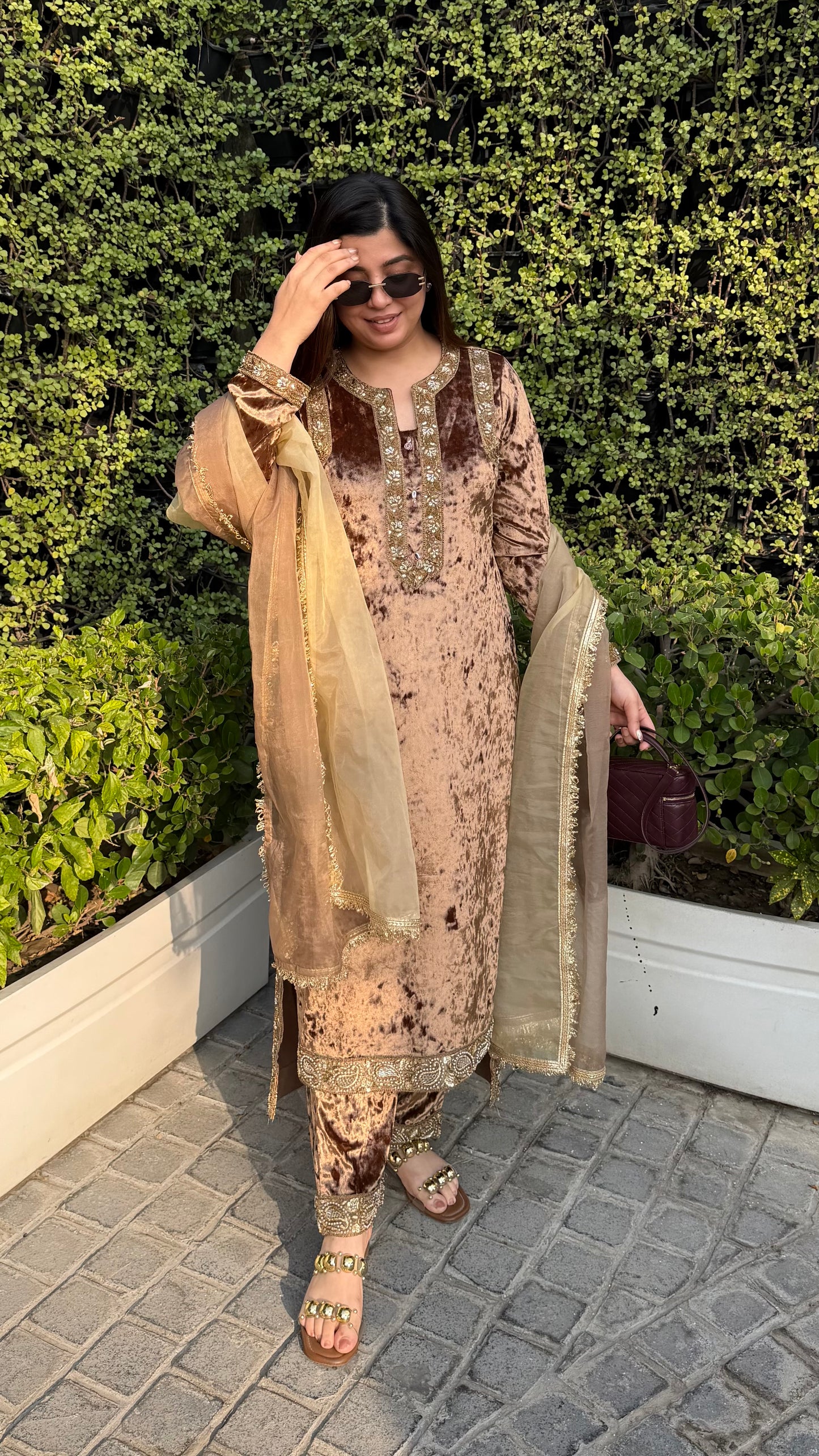 Meherban Golden Velvet Suit