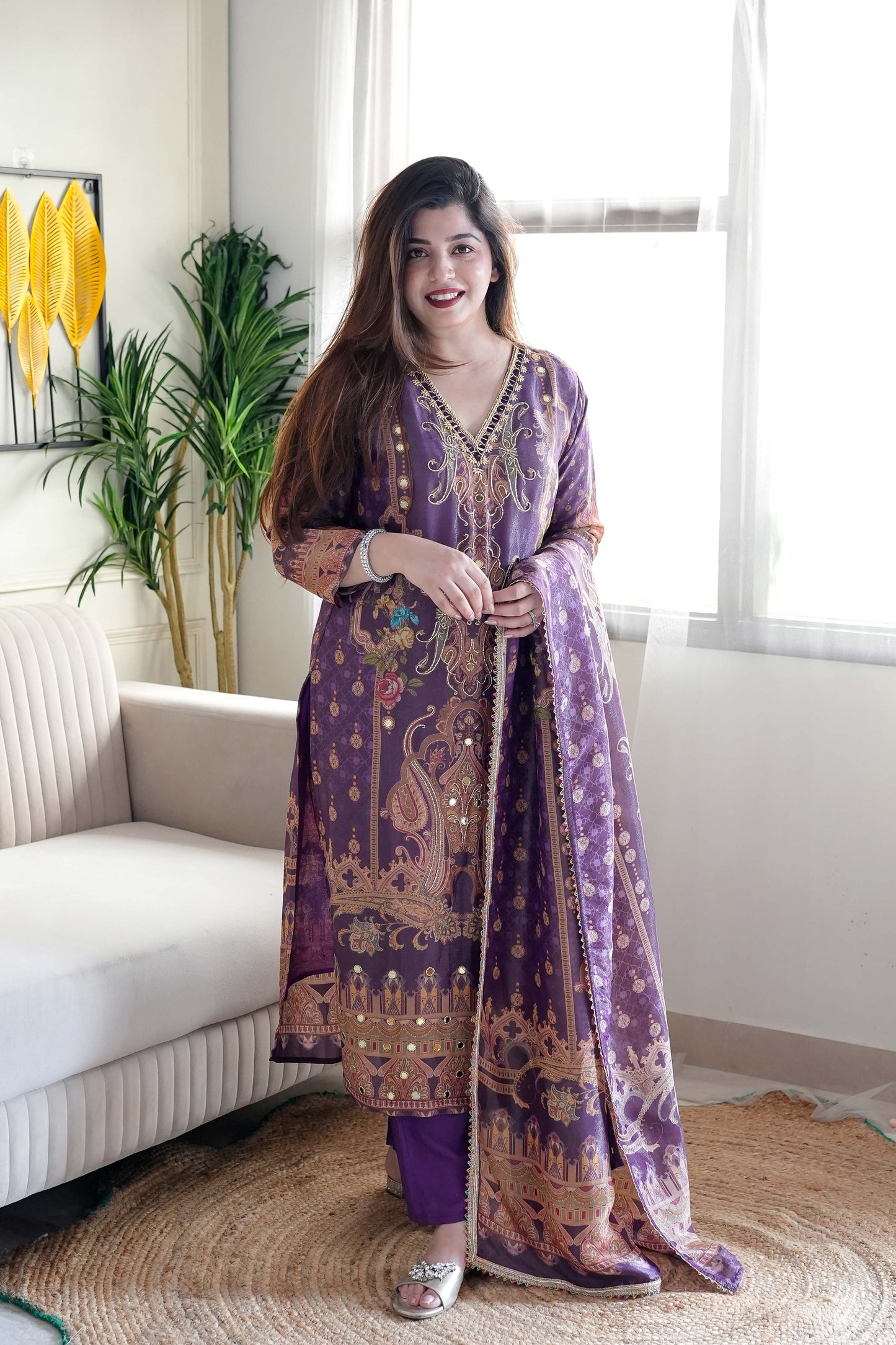 Iftar Purple Digital Print Suit Set