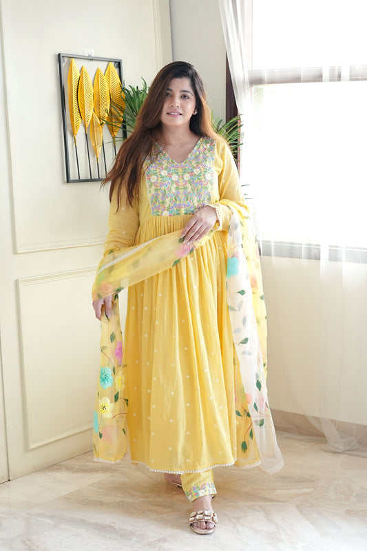 Niza Yellow Embroidered Anarkali Suit Set
