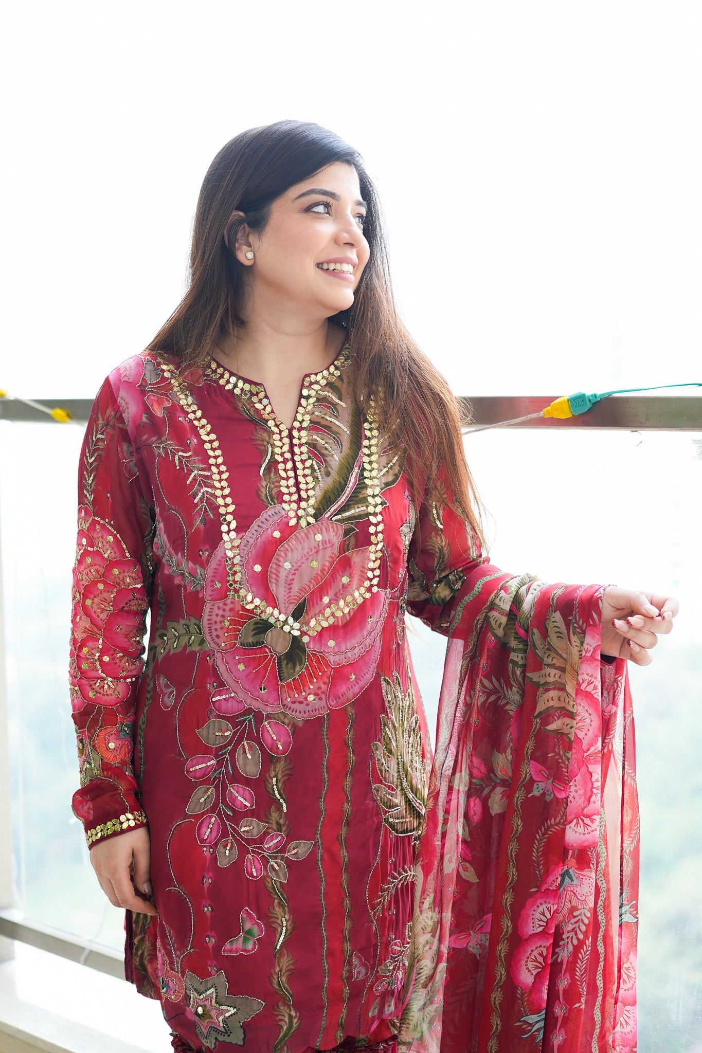 Jeha Red Floral Print Sharara Set