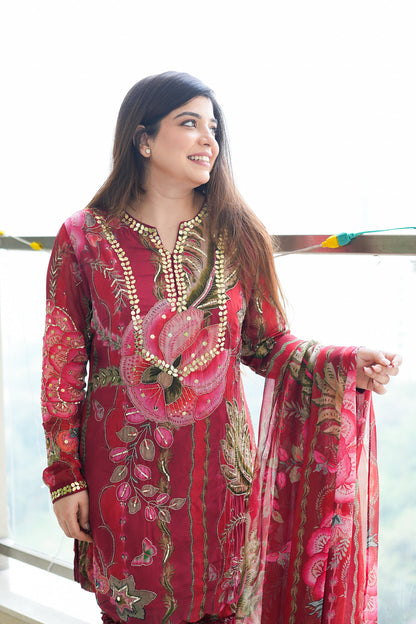 Jeha Red Floral Print Sharara Set