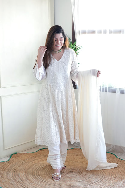 Heera White Schiffli Anarkali Suit