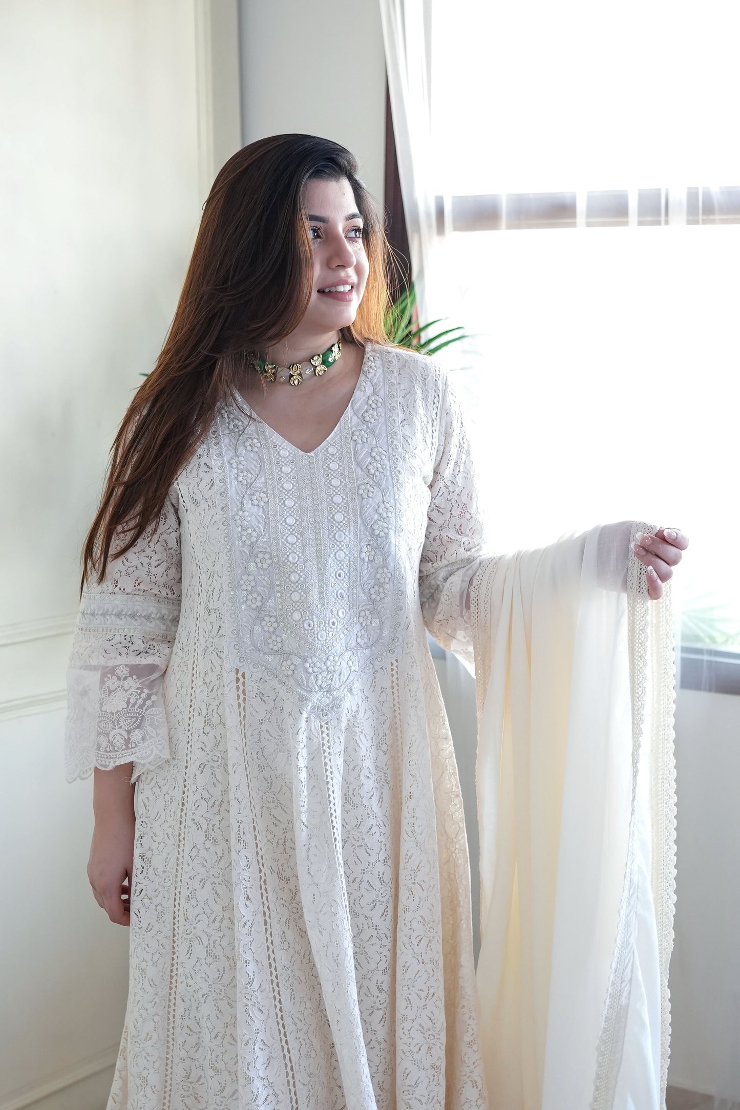 Heera White Schiffli Anarkali Suit