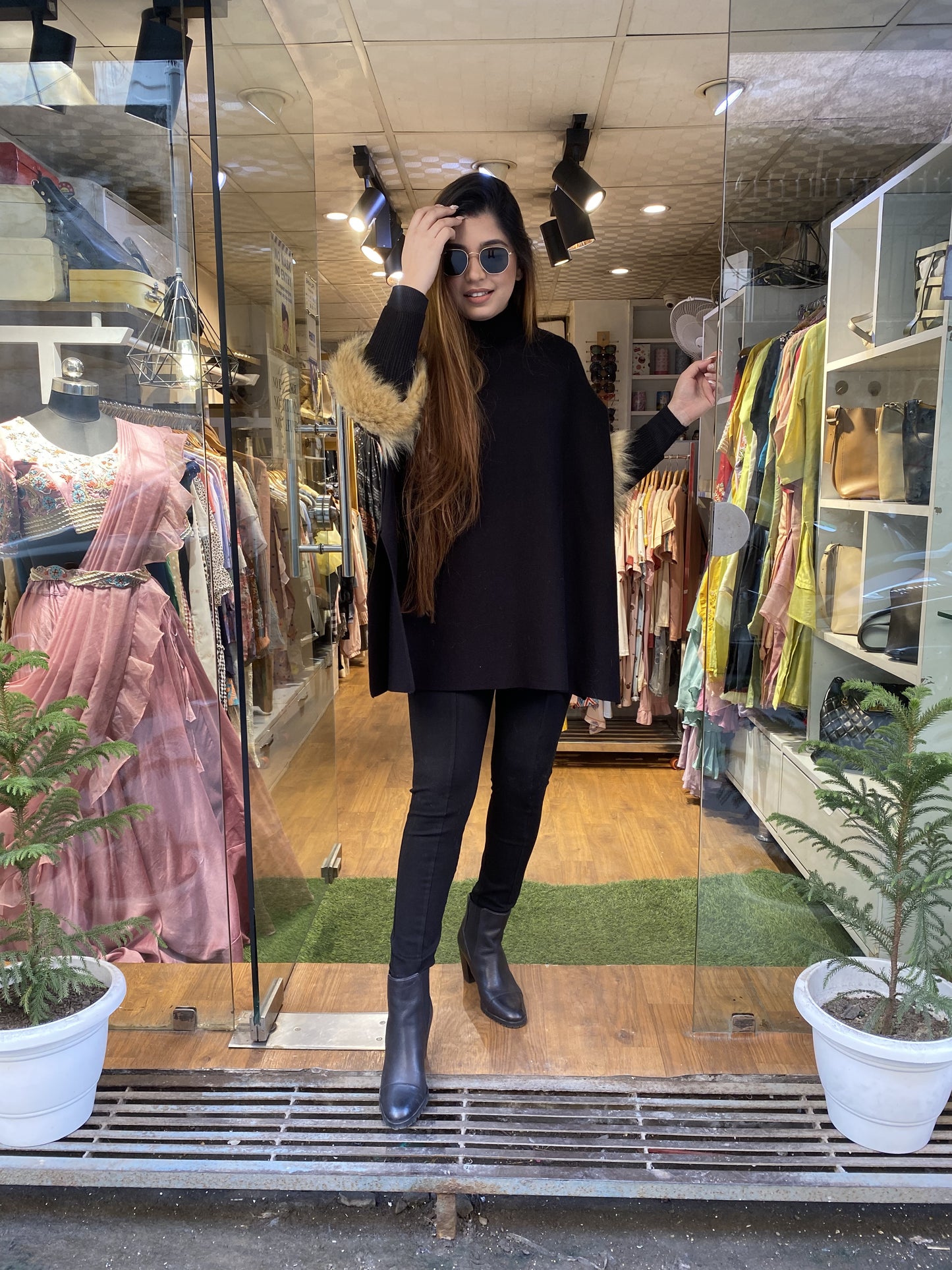 Milie Black Faux Furr Woollen Cape