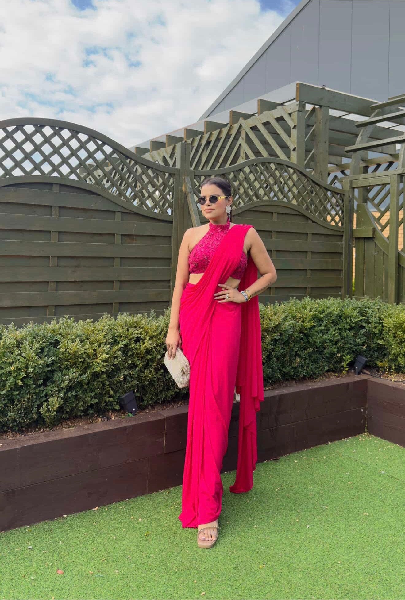 Syraa Red Embroidred Halter Neck Drape Saree