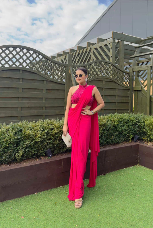 Syraa Red Embroidred Halter Neck Drape Saree
