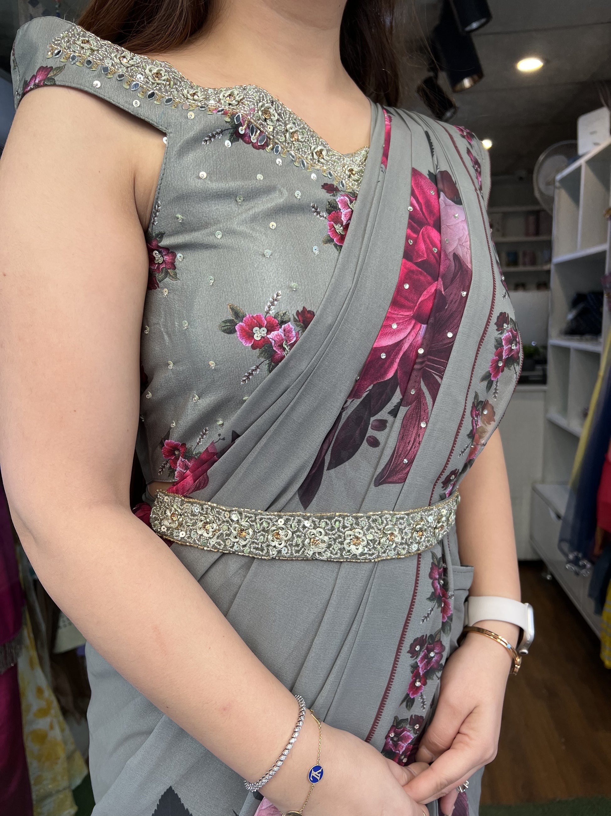 Neer Grey Printed Drape Saree